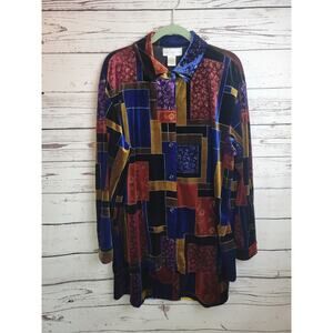 Vtg Susan Graver 2-Piece Shirt Skirt Multicolor Patchwork Velvet Womens Size XL